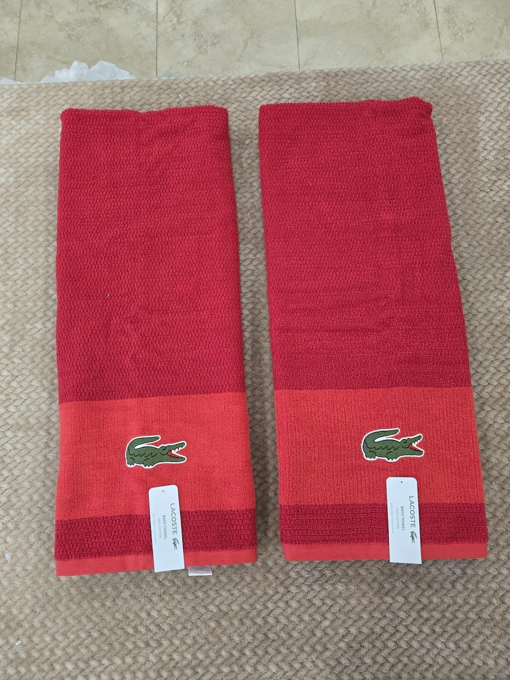 Lacoste Red Cotton Bath Towel - Embroidered Crocodile Logo